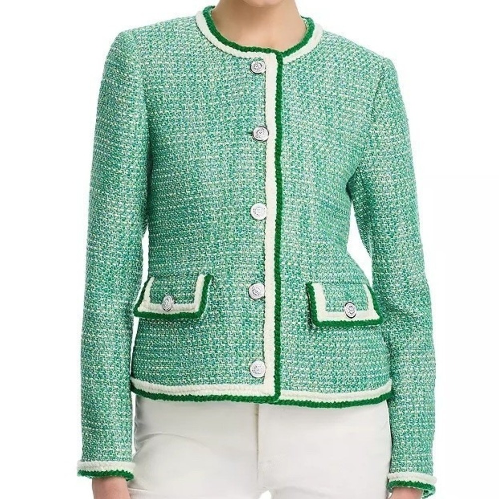 T Tahari Tweed Button Front Crewneck Green Leaf Long Sleeve Jacket Womens L NWT
